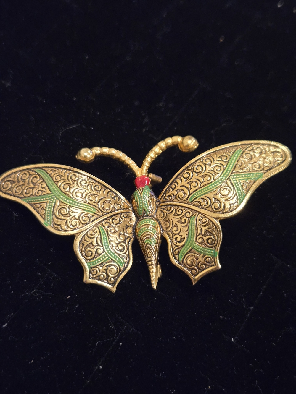 Vintage Spanish Damascene Butterfly Brooch with Green Enamel Accents